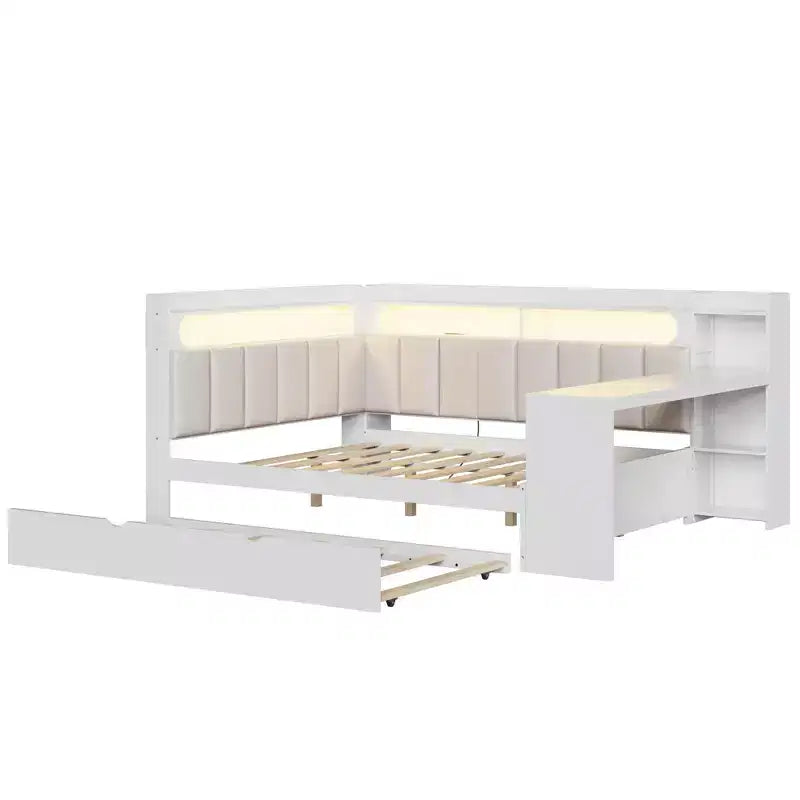 Letto a giorno angolare full size con ripiani contenitori e letto estraibile, letto angolare in legno con stazione di ricarica e luce LED, scrivania e testiera e schienale imbottiti