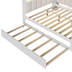 Letto a giorno angolare full size con ripiani contenitori e letto estraibile, letto angolare in legno con stazione di ricarica e luce LED, scrivania e testiera e schienale imbottiti