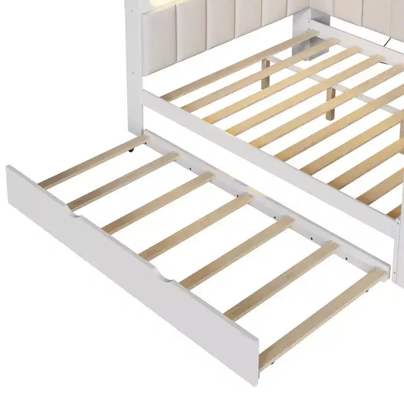 Letto a giorno angolare full size con ripiani contenitori e letto estraibile, letto angolare in legno con stazione di ricarica e luce LED, scrivania e testiera e schienale imbottiti
