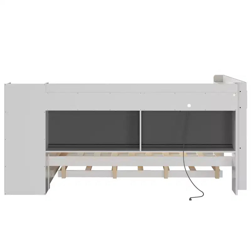 Letto a giorno angolare full size con ripiani contenitori e letto estraibile, letto angolare in legno con stazione di ricarica e luce LED, scrivania e testiera e schienale imbottiti