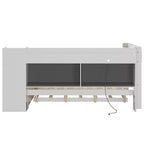 Letto a giorno angolare full size con ripiani contenitori e letto estraibile, letto angolare in legno con stazione di ricarica e luce LED, scrivania e testiera e schienale imbottiti