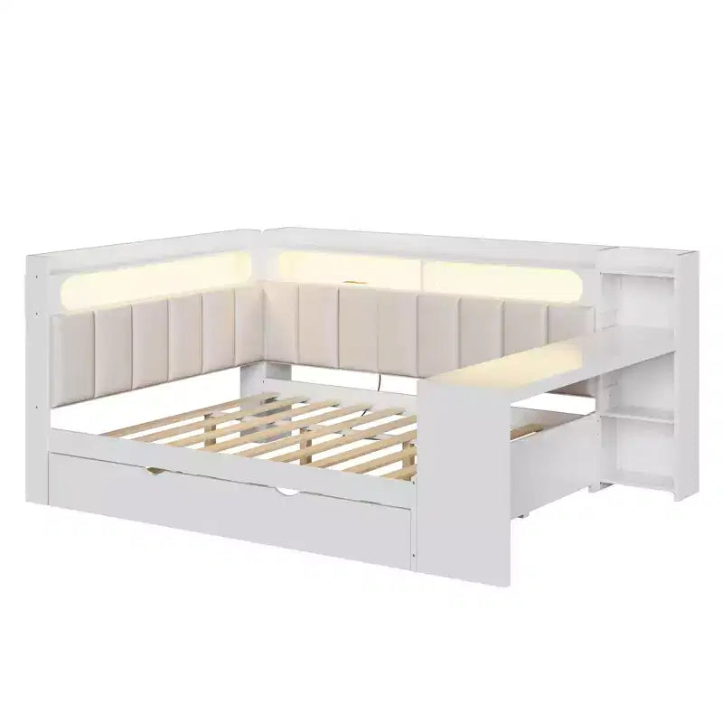 Letto a giorno angolare full size con ripiani contenitori e letto estraibile, letto angolare in legno con stazione di ricarica e luce LED, scrivania e testiera e schienale imbottiti