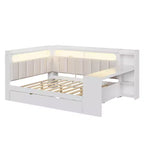 Letto a giorno angolare full size con ripiani contenitori e letto estraibile, letto angolare in legno con stazione di ricarica e luce LED, scrivania e testiera e schienale imbottiti