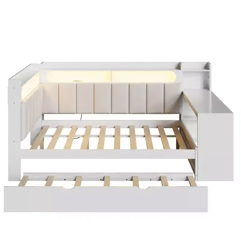 Letto a giorno angolare full size con ripiani contenitori e letto estraibile, letto angolare in legno con stazione di ricarica e luce LED, scrivania e testiera e schienale imbottiti