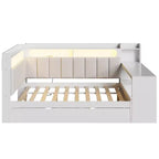 Letto a giorno angolare full size con ripiani contenitori e letto estraibile, letto angolare in legno con stazione di ricarica e luce LED, scrivania e testiera e schienale imbottiti