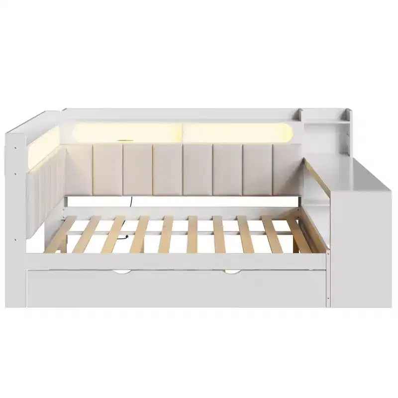 Letto a giorno angolare full size con ripiani contenitori e letto estraibile, letto angolare in legno con stazione di ricarica e luce LED, scrivania e testiera e schienale imbottiti