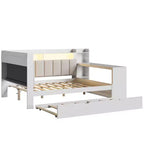Letto a giorno angolare full size con ripiani contenitori e letto estraibile, letto angolare in legno con stazione di ricarica e luce LED, scrivania e testiera e schienale imbottiti