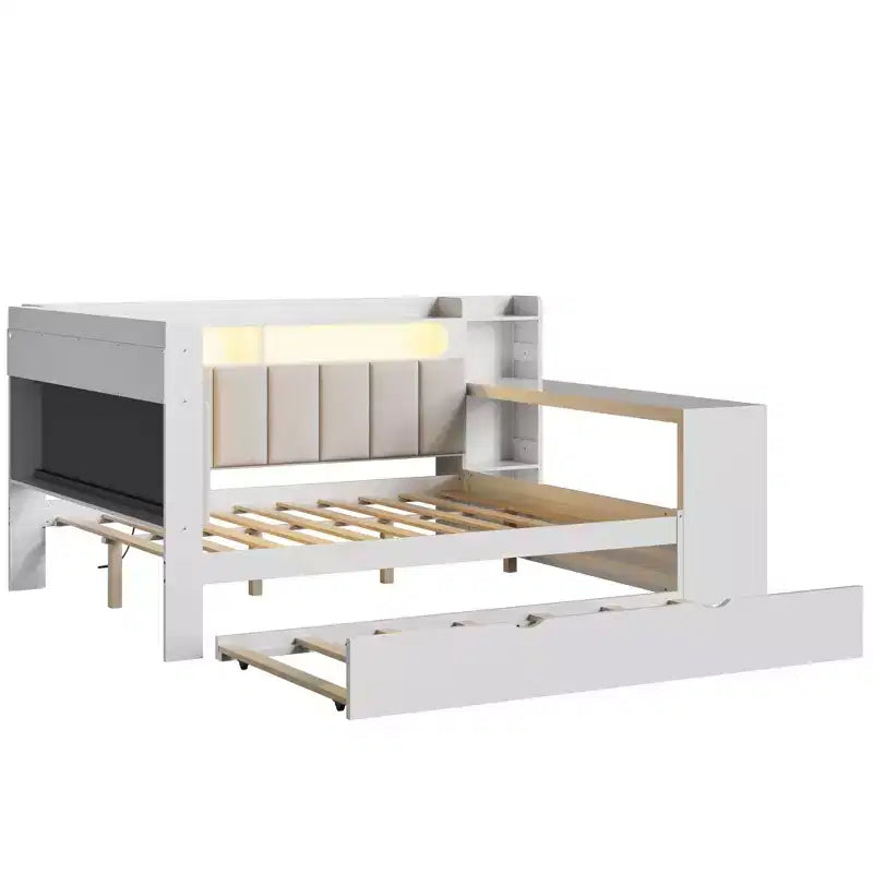 Letto a giorno angolare full size con ripiani contenitori e letto estraibile, letto angolare in legno con stazione di ricarica e luce LED, scrivania e testiera e schienale imbottiti