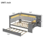 Letto a giorno angolare full size con ripiani contenitori e letto estraibile, letto angolare in legno con stazione di ricarica e luce LED, scrivania e testiera e schienale imbottiti