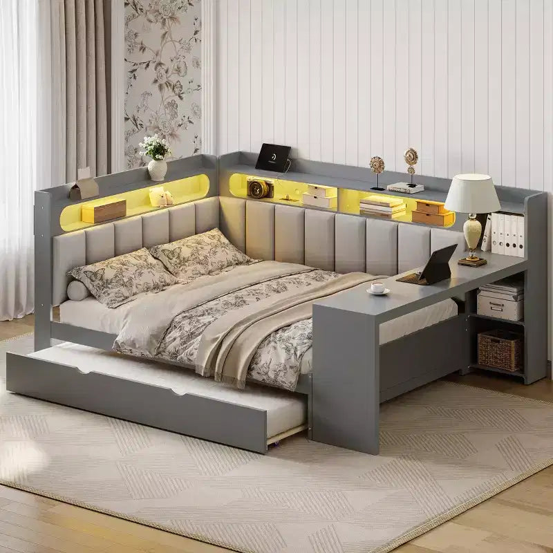 Letto a giorno angolare full size con ripiani contenitori e letto estraibile, letto angolare in legno con stazione di ricarica e luce LED, scrivania e testiera e schienale imbottiti