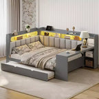 Letto a giorno angolare full size con ripiani contenitori e letto estraibile, letto angolare in legno con stazione di ricarica e luce LED, scrivania e testiera e schienale imbottiti