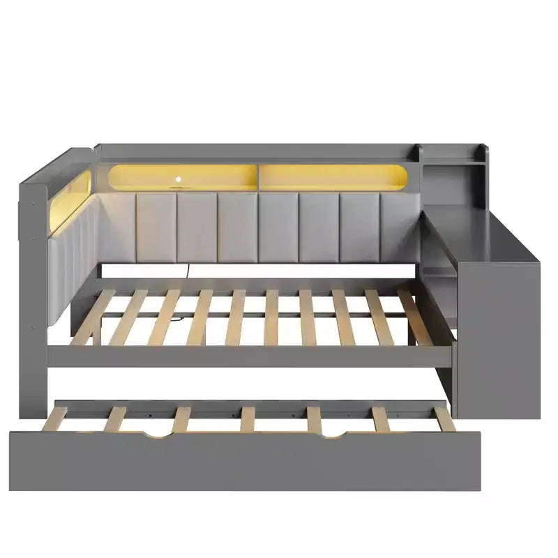 Letto a giorno angolare full size con ripiani contenitori e letto estraibile, letto angolare in legno con stazione di ricarica e luce LED, scrivania e testiera e schienale imbottiti