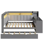 Letto a giorno angolare full size con ripiani contenitori e letto estraibile, letto angolare in legno con stazione di ricarica e luce LED, scrivania e testiera e schienale imbottiti