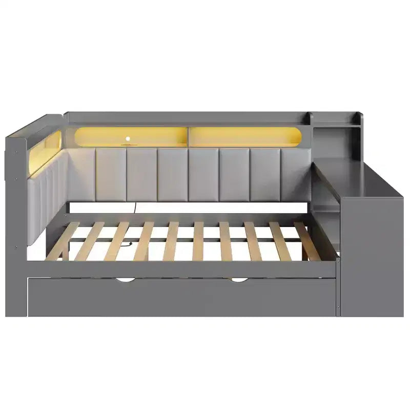 Letto a giorno angolare full size con ripiani contenitori e letto estraibile, letto angolare in legno con stazione di ricarica e luce LED, scrivania e testiera e schienale imbottiti