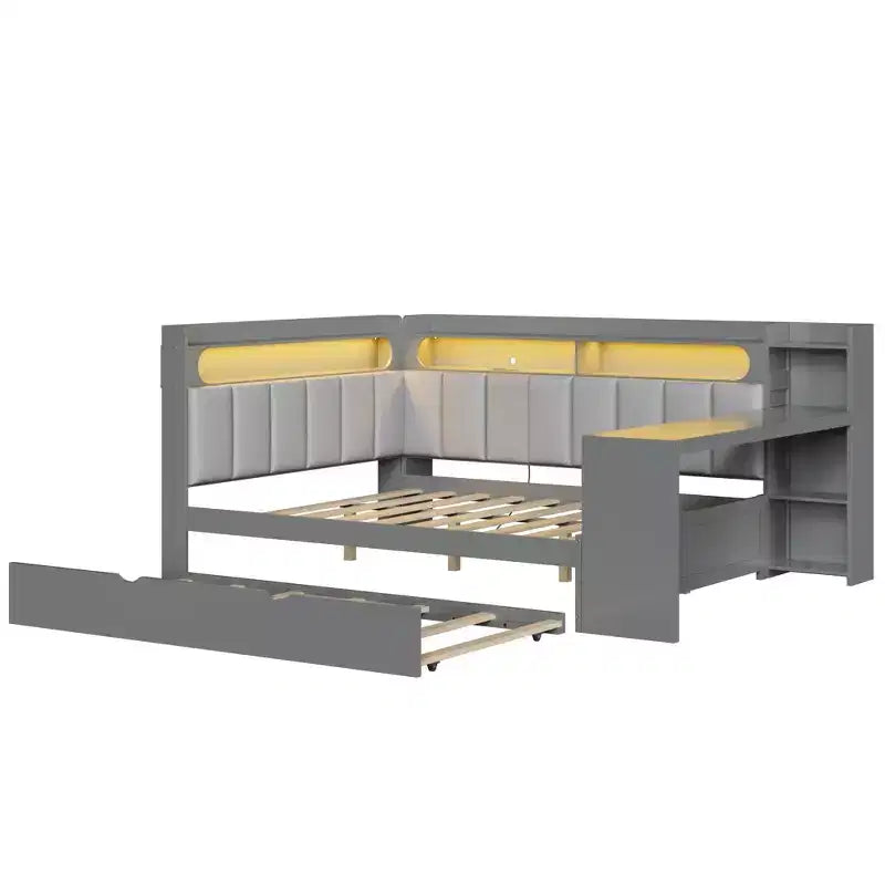 Letto a giorno angolare full size con ripiani contenitori e letto estraibile, letto angolare in legno con stazione di ricarica e luce LED, scrivania e testiera e schienale imbottiti