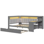 Letto a giorno angolare full size con ripiani contenitori e letto estraibile, letto angolare in legno con stazione di ricarica e luce LED, scrivania e testiera e schienale imbottiti