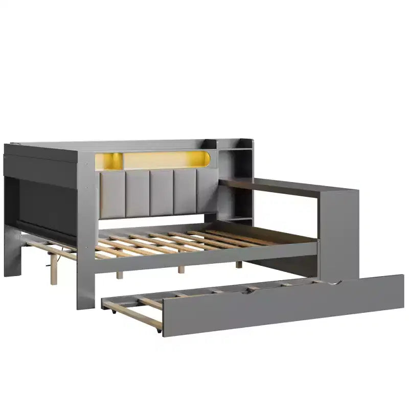 Letto a giorno angolare full size con ripiani contenitori e letto estraibile, letto angolare in legno con stazione di ricarica e luce LED, scrivania e testiera e schienale imbottiti