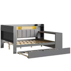 Letto a giorno angolare full size con ripiani contenitori e letto estraibile, letto angolare in legno con stazione di ricarica e luce LED, scrivania e testiera e schienale imbottiti
