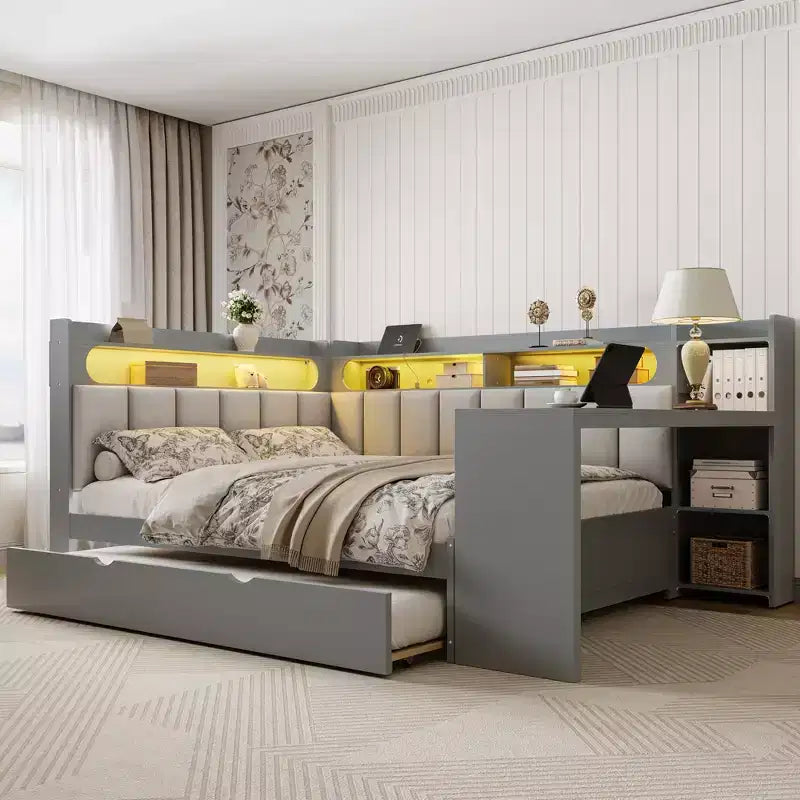 Full Size Corner Daybed with Storage Shelves & Trundle, Wood Corner Bed with Charging Station & LED Light, Desk & Upholstered Headboard and Backrest