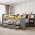 Full Size Corner Daybed with Storage Shelves & Trundle, Wood Corner Bed with Charging Station & LED Light, Desk & Upholstered Headboard and Backrest