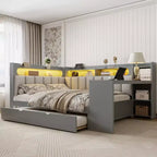 Full Size Corner Daybed with Storage Shelves & Trundle, Wood Corner Bed with Charging Station & LED Light, Desk & Upholstered Headboard and Backrest