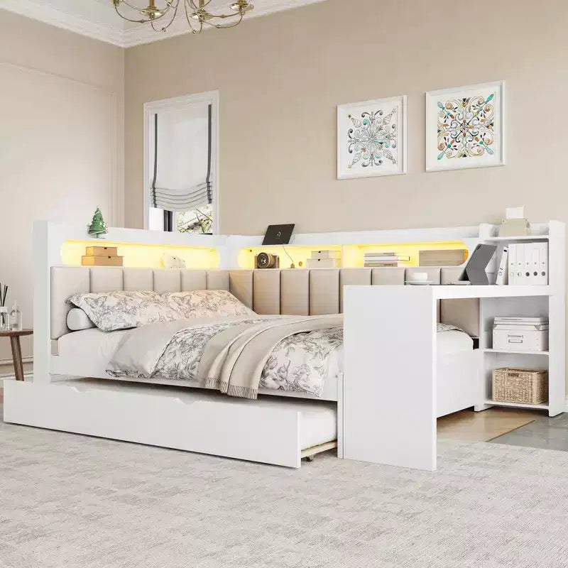 Letto a giorno angolare full size con ripiani contenitori e letto estraibile, letto angolare in legno con stazione di ricarica e luce LED, scrivania e testiera e schienale imbottiti