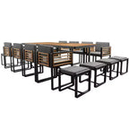 GDFStudio Ernest Set da pranzo moderno da giardino in legno di acacia con 2 tavoli, 8 sedie imbottite e 8 pouf, 18 pezzi