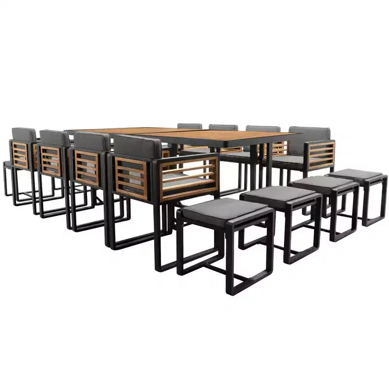 GDFStudio Ernest Set da pranzo moderno da giardino in legno di acacia con 2 tavoli, 8 sedie imbottite e 8 pouf, 18 pezzi