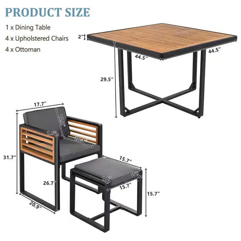 GDFStudio Ernest Set da pranzo moderno da giardino in legno di acacia con 2 tavoli, 8 sedie imbottite e 8 pouf, 18 pezzi