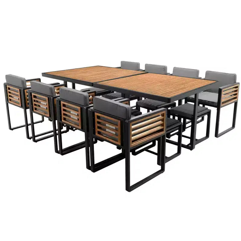 GDFStudio Ernest Set da pranzo moderno da giardino in legno di acacia con 2 tavoli, 8 sedie imbottite e 8 pouf, 18 pezzi