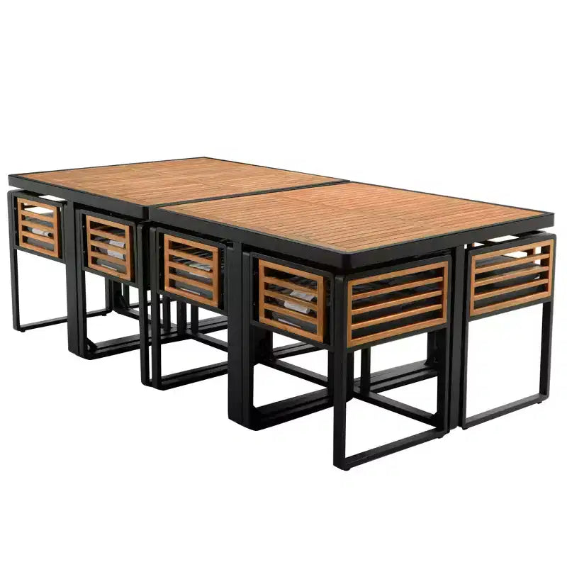 GDFStudio Ernest Set da pranzo moderno da giardino in legno di acacia con 2 tavoli, 8 sedie imbottite e 8 pouf, 18 pezzi