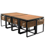 GDFStudio Ernest Set da pranzo moderno da giardino in legno di acacia con 2 tavoli, 8 sedie imbottite e 8 pouf, 18 pezzi