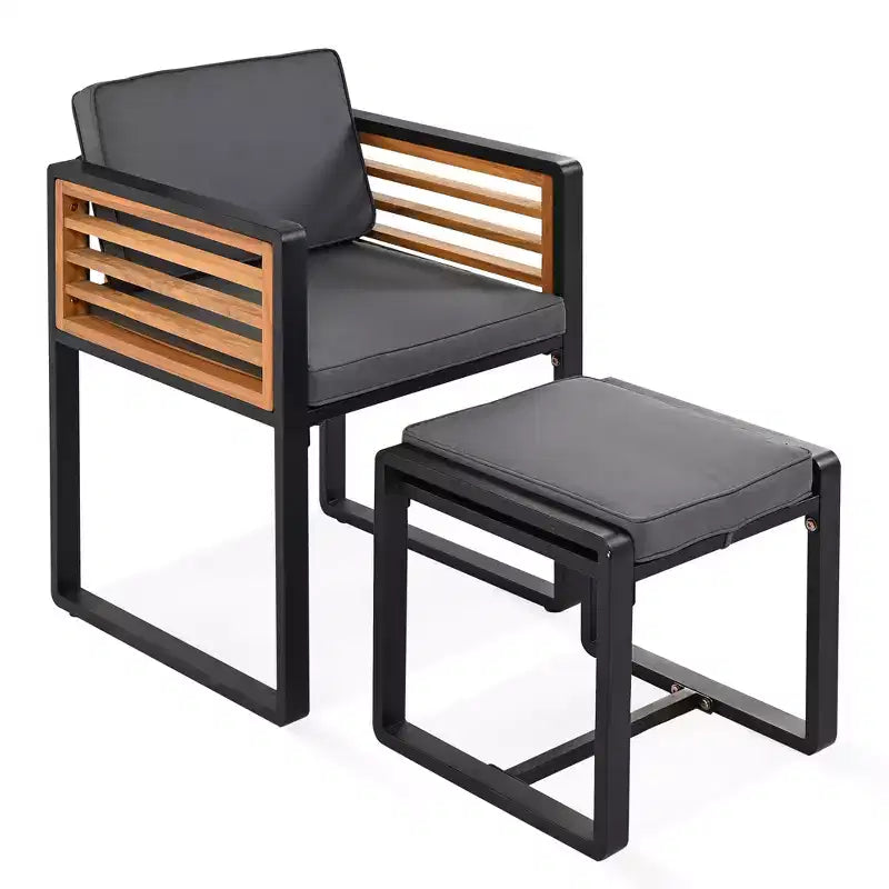 GDFStudio Ernest Set da pranzo moderno da giardino in legno di acacia con 2 tavoli, 8 sedie imbottite e 8 pouf, 18 pezzi