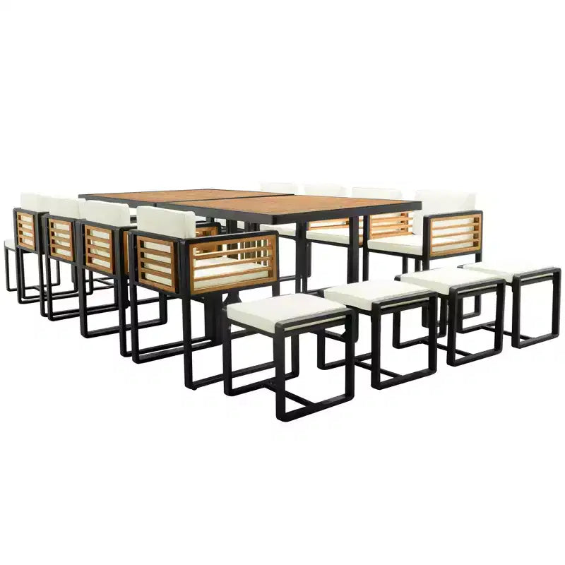 GDFStudio Ernest Set da pranzo moderno da giardino in legno di acacia con 2 tavoli, 8 sedie imbottite e 8 pouf, 18 pezzi