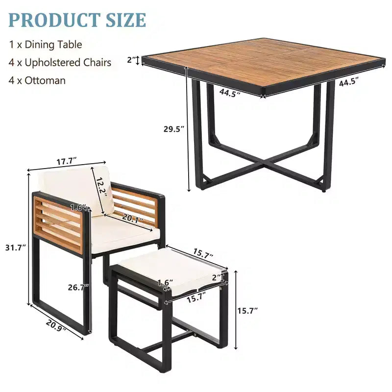 GDFStudio Ernest Set da pranzo moderno da giardino in legno di acacia con 2 tavoli, 8 sedie imbottite e 8 pouf, 18 pezzi