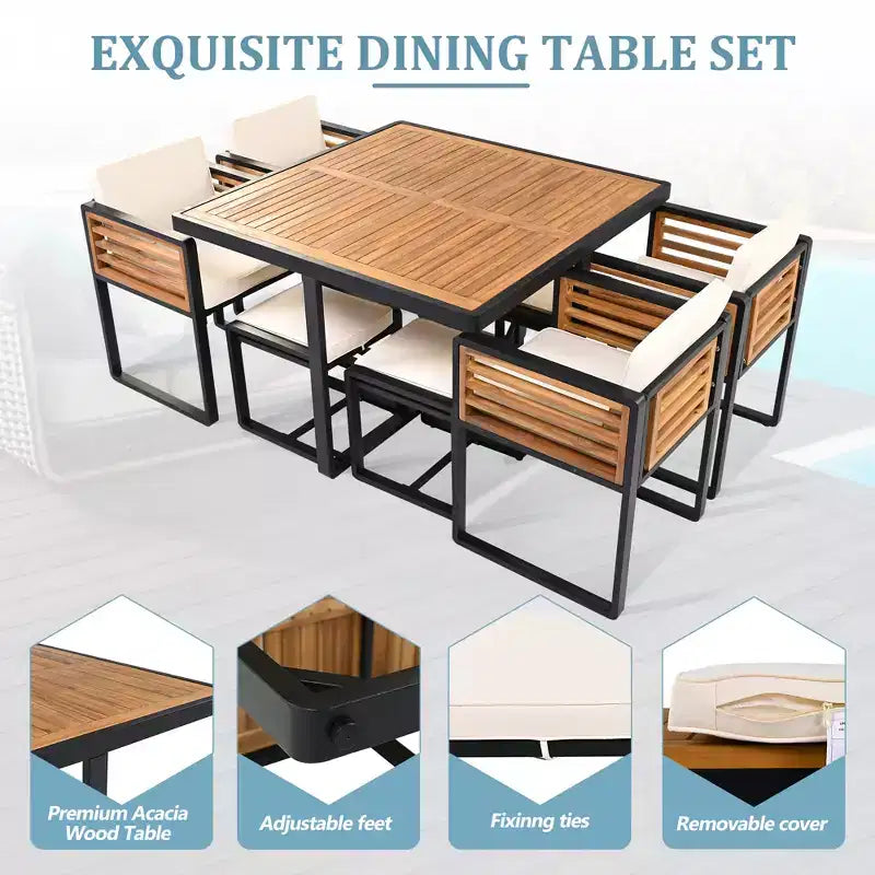 GDFStudio Ernest Set da pranzo moderno da giardino in legno di acacia con 2 tavoli, 8 sedie imbottite e 8 pouf, 18 pezzi