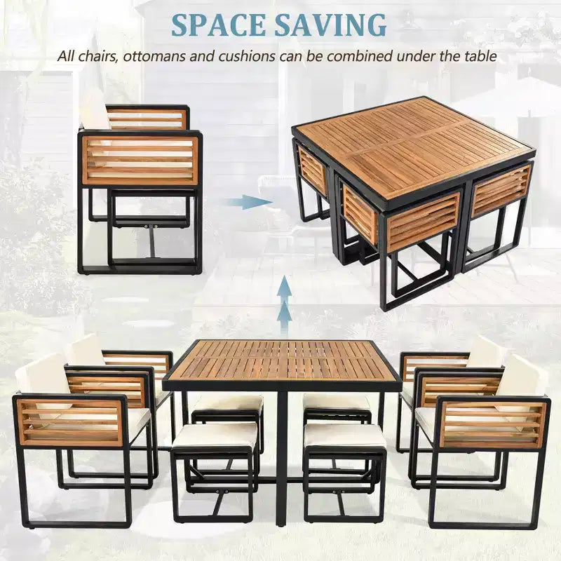 GDFStudio Ernest Set da pranzo moderno da giardino in legno di acacia con 2 tavoli, 8 sedie imbottite e 8 pouf, 18 pezzi