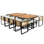 GDFStudio Ernest Set da pranzo moderno da giardino in legno di acacia con 2 tavoli, 8 sedie imbottite e 8 pouf, 18 pezzi