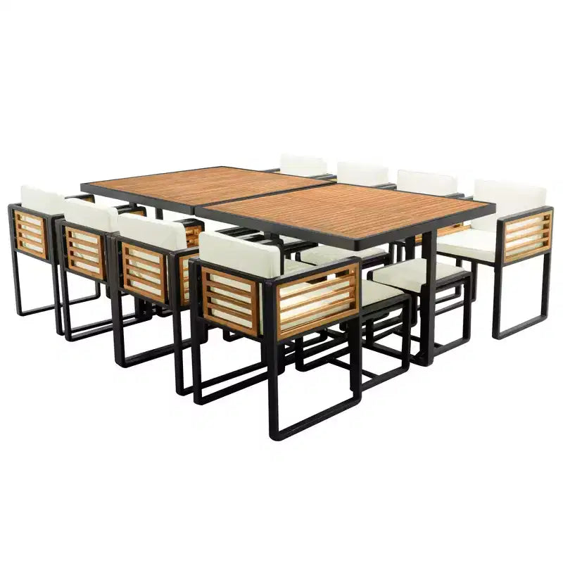 GDFStudio Ernest Set da pranzo moderno da giardino in legno di acacia con 2 tavoli, 8 sedie imbottite e 8 pouf, 18 pezzi