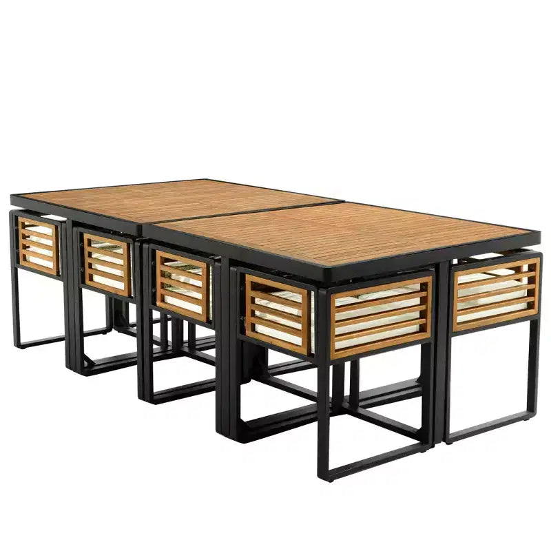 GDFStudio Ernest Set da pranzo moderno da giardino in legno di acacia con 2 tavoli, 8 sedie imbottite e 8 pouf, 18 pezzi