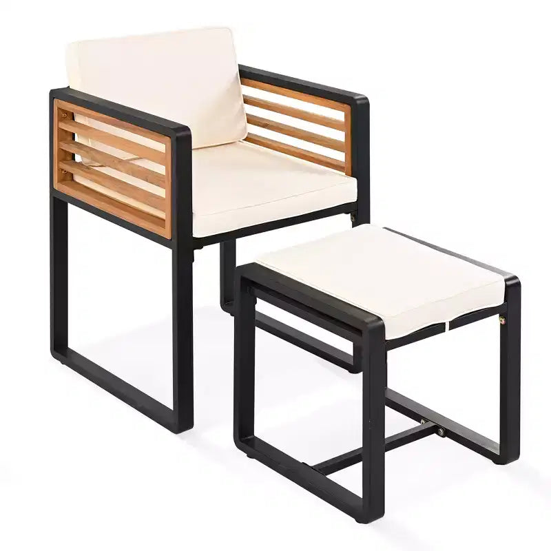 GDFStudio Ernest Set da pranzo moderno da giardino in legno di acacia con 2 tavoli, 8 sedie imbottite e 8 pouf, 18 pezzi