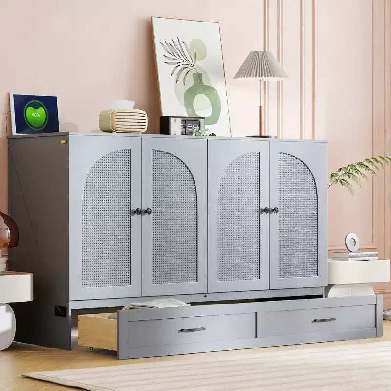 Letto a scomparsa Luxystar Modern Queen in Rattan con Ampio Cassetto per Soggiorno e Camera degli Ospiti