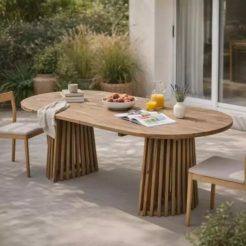 Christopher Knight Home Aveline Tavolo da pranzo moderno per esterni in legno di acacia con doppio piedistallo a doghe