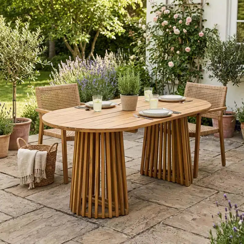 Christopher Knight Home Aveline Tavolo da pranzo moderno per esterni in legno di acacia con doppio piedistallo a doghe