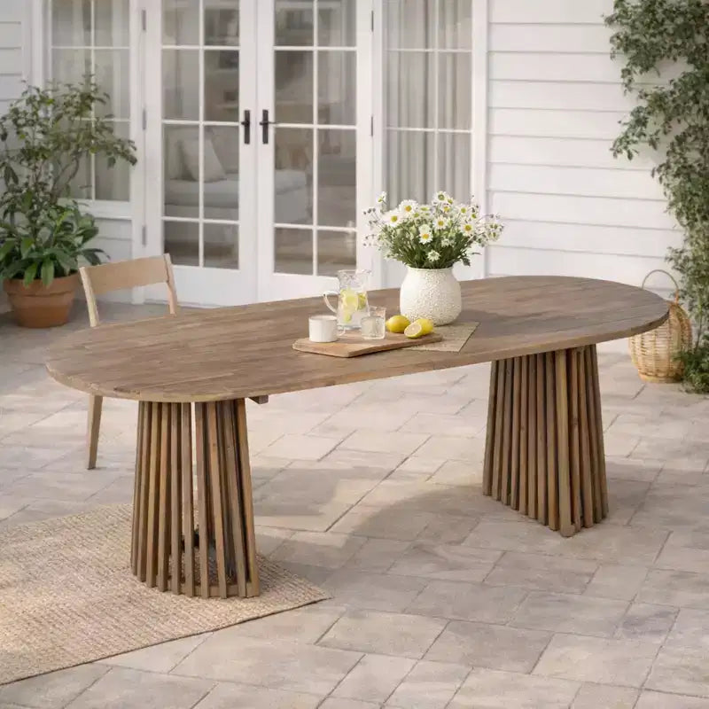 Christopher Knight Home Aveline Tavolo da pranzo moderno per esterni in legno di acacia con doppio piedistallo a doghe