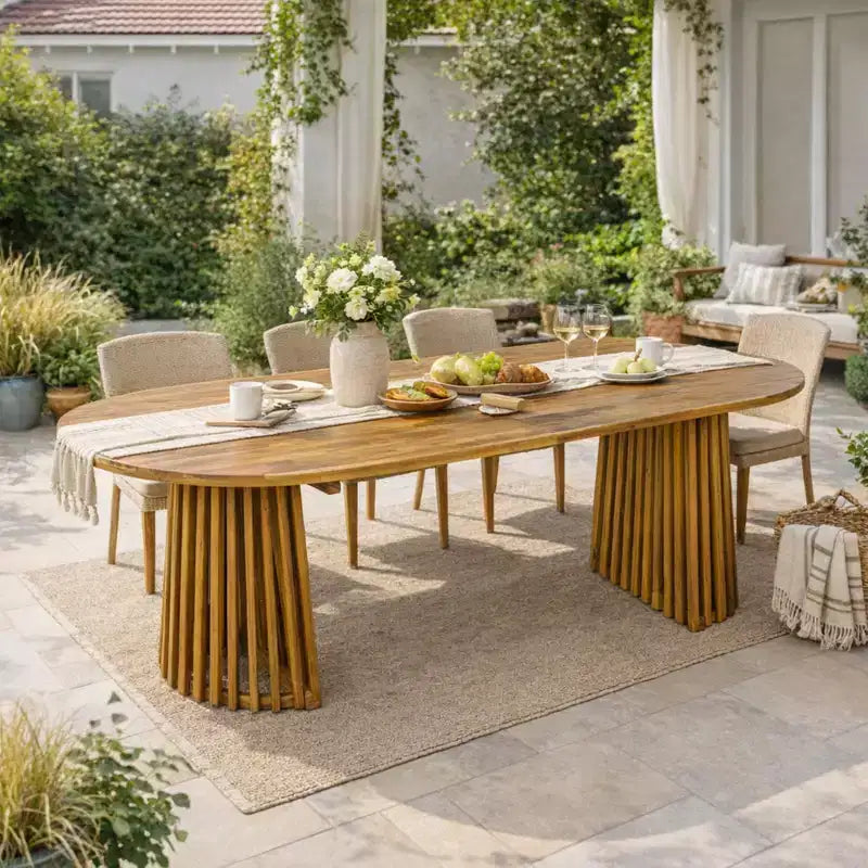 Christopher Knight Home Aveline Tavolo da pranzo moderno per esterni in legno di acacia con doppio piedistallo a doghe