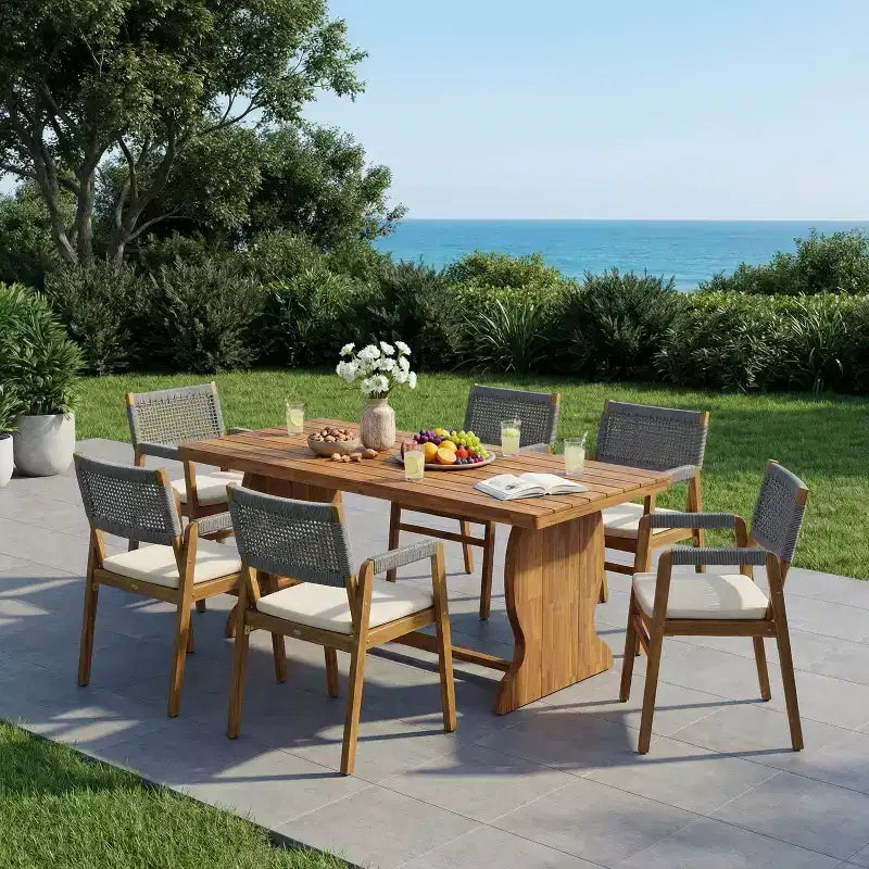 Set da pranzo moderno Christopher Knight Home Andika a 7 pezzi in legno di acacia con schienale in corda e tavolo a doghe