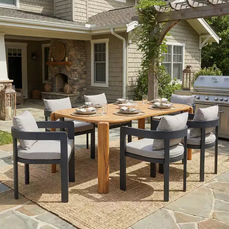 Christopher Knight Home Elko Set Moderno da 7 Pezzi Tavolo da Pranzo da Esterno con Doghe in Legno di Acacia con Sedie in Alluminio e Cuscini