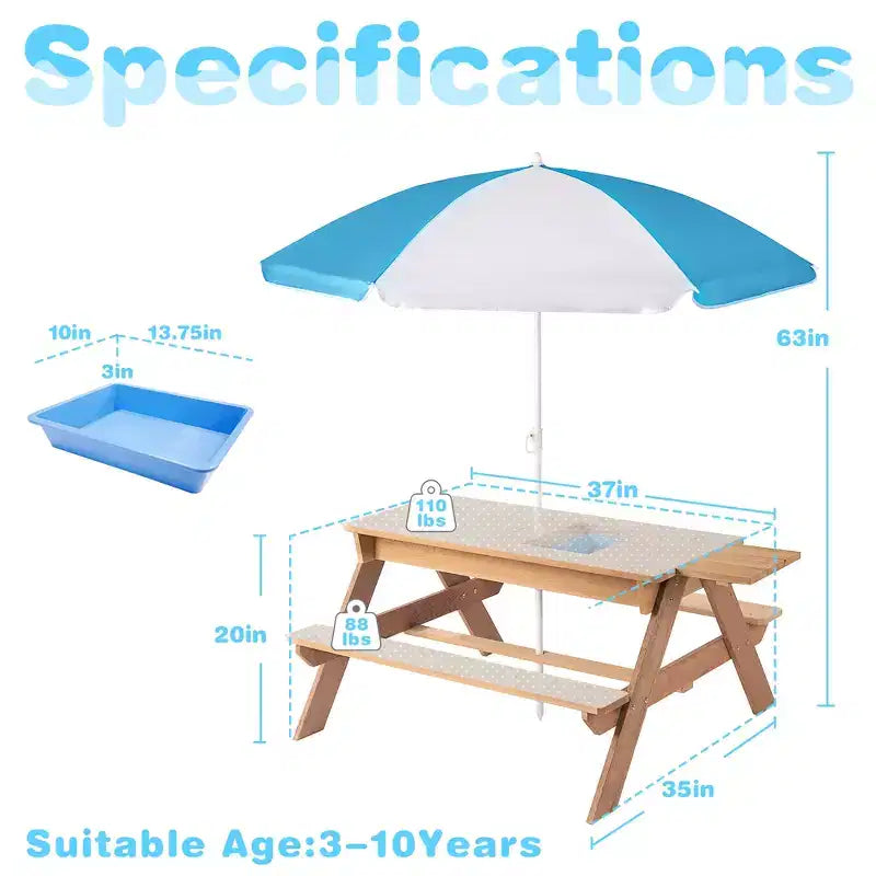 GDFStudio Ashbeck Tavolo da Picnic in Legno per Bambini 3-in-1 da Esterno con Ombrellone