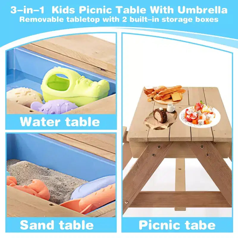 GDFStudio Ashbeck Tavolo da Picnic in Legno per Bambini 3-in-1 da Esterno con Ombrellone